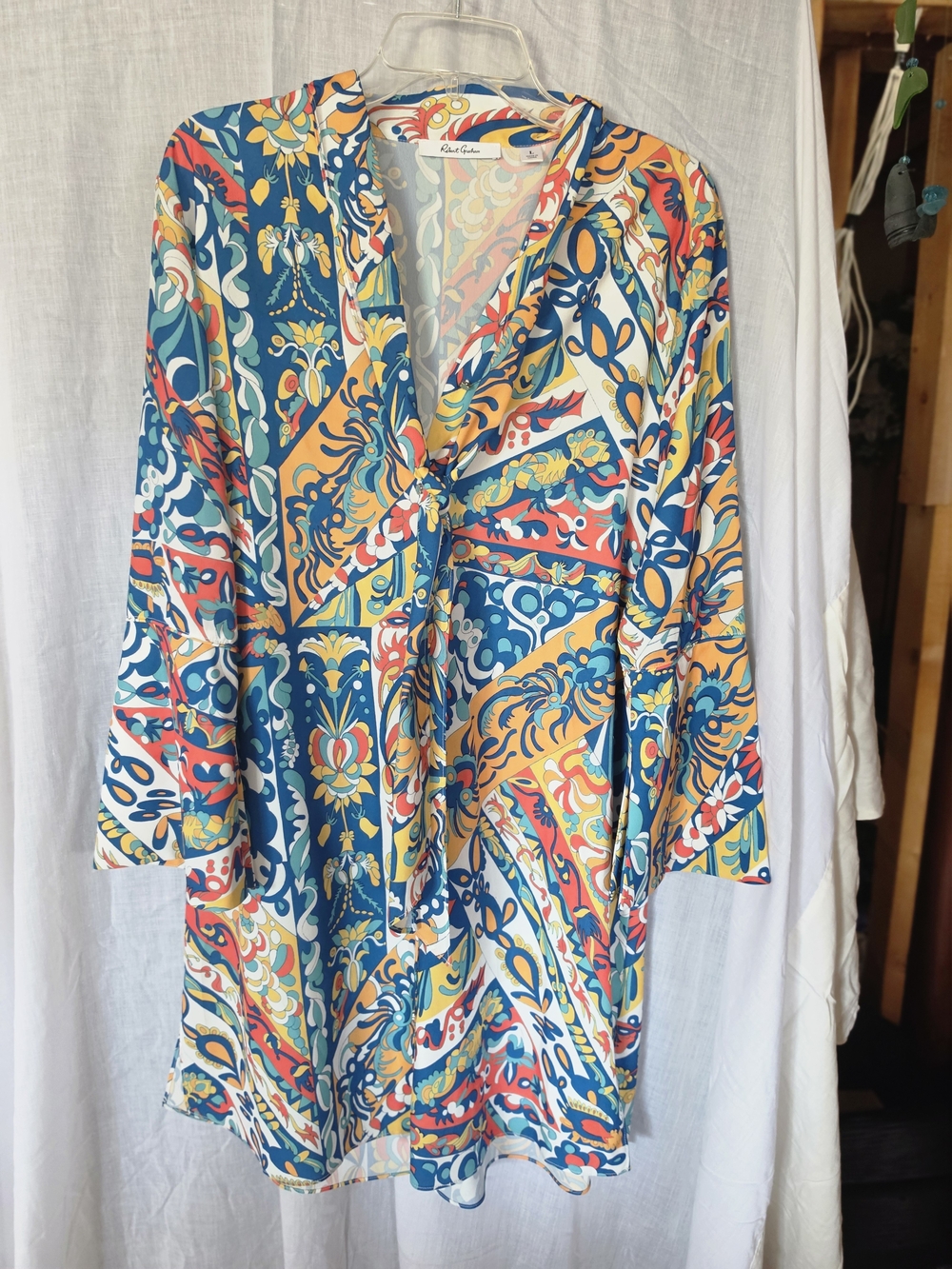 Robert Graham Multicolor Paisley-Scroll Mini Dress — Blue, Yellow, Red, White
